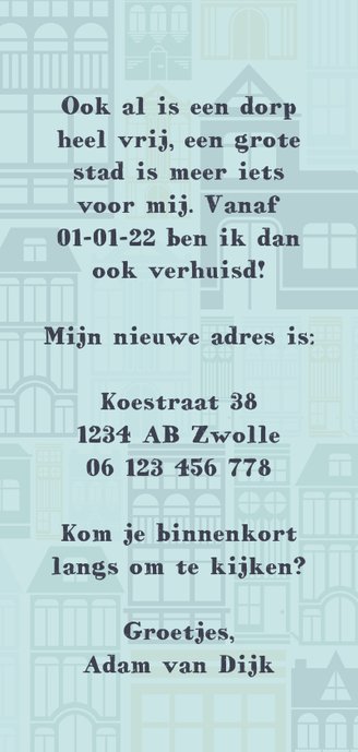 Verhuiskaart 'NEW HOME' met geïllustreerde huizen Achterkant