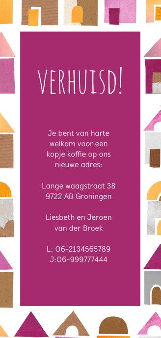 Verhuiskaart papiercollage huisjes Achterkant