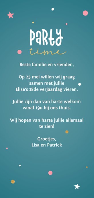Verjaardagsuitnodiging confetti en sterren Achterkant