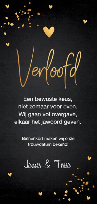 Verlovingskaart langwerpig foto gouden confetti Achterkant