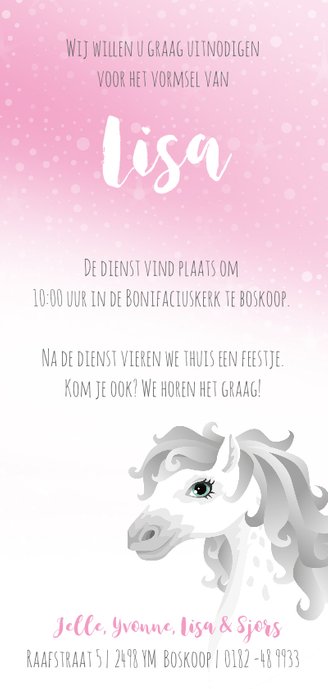 Vormsel communie wit schimmelpaard roze Achterkant