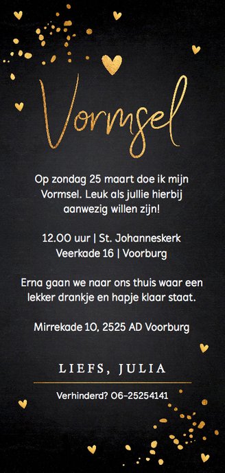 Vormsel uitnodiging goud confetti Achterkant