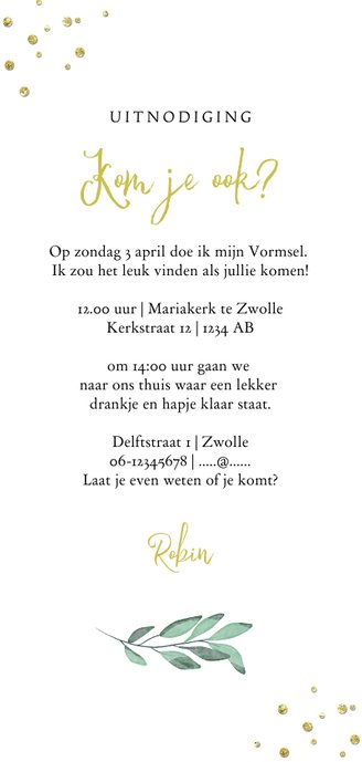 Vormsel uitnodiging kruis goud blaadje waterverf Achterkant