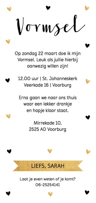 Vormsel uitnodiging langwerpig gouden hartjes Achterkant