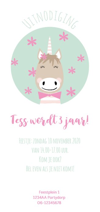 Vrolijke uitnodiging kinderfeestje meisje unicorn Achterkant