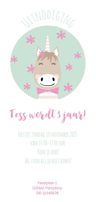 Vrolijke uitnodiging kinderfeestje meisje unicorn Achterkant