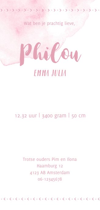 Watercolor geboortekaartje in het roze Achterkant
