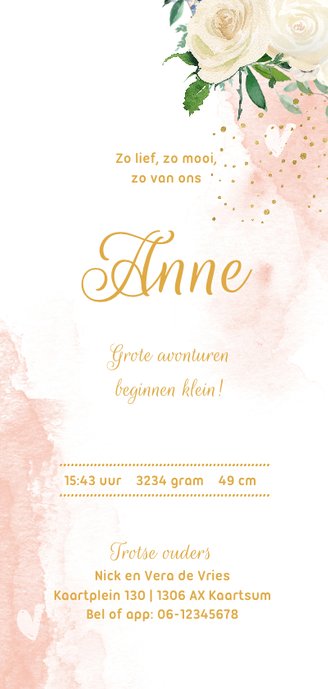Waterverf bloemenkrans geboortekaartje meisje - LO Achterkant