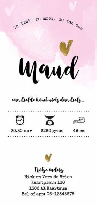 Waterverf geboortekaartje meisje - LO Achterkant