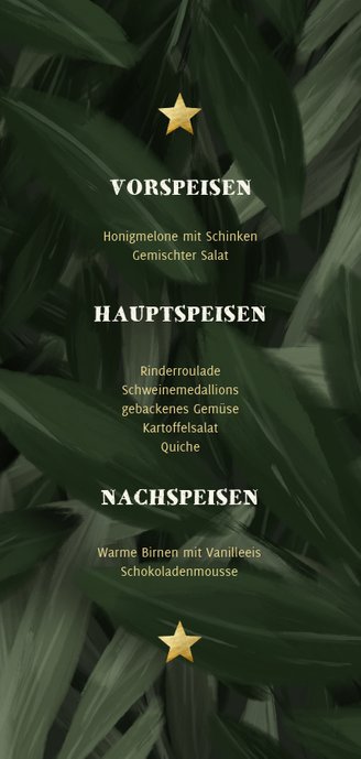 Weichnachts-Menükarte mit Dschungel Blättern und Lichtern Rückseite