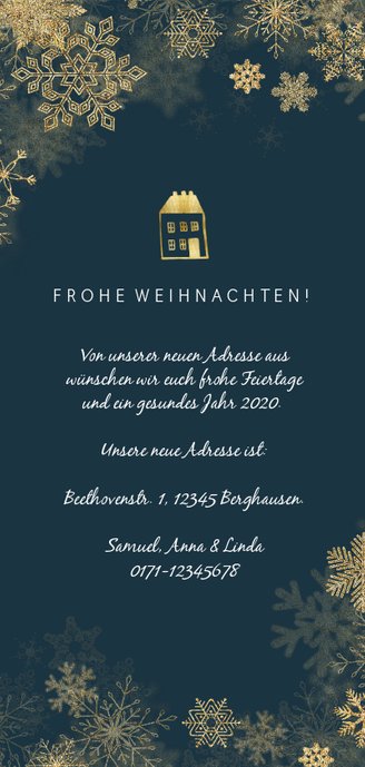 Weihnachtliche Umzugskarte Schneeflocken & Fotos Rückseite