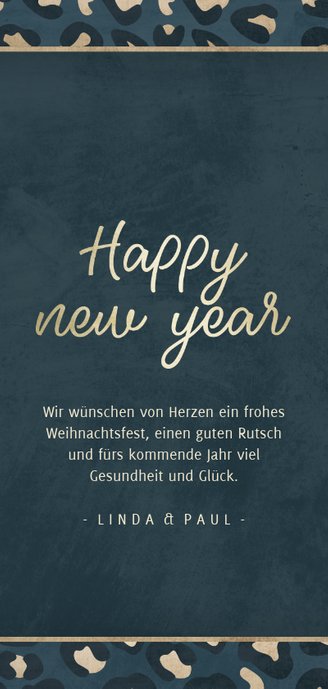 Weihnachtskarte blaugrau mit Foto und Leopardenprint Rückseite
