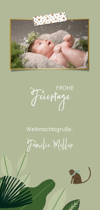 Weihnachtskarte botanisch mit Foto und Affe Rückseite