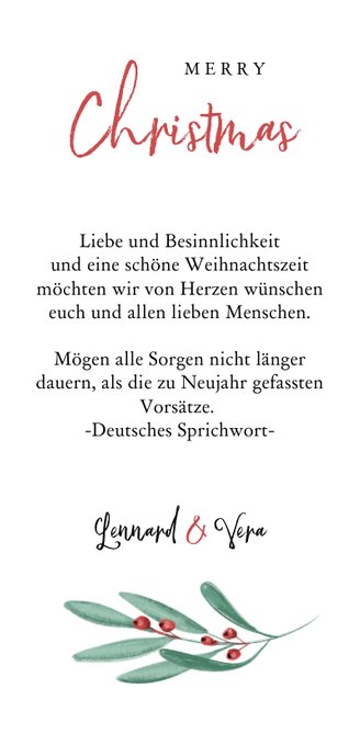 Weihnachtskarte mit Foto und Zweigen im Hintergrund Rückseite