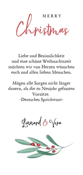 Weihnachtskarte mit Foto und Zweigen im Hintergrund Rückseite