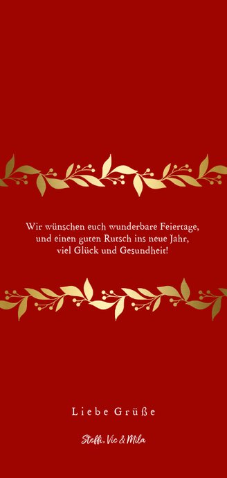Weihnachtskarte mit zwei Fotos und Blätter-Girlande Rückseite
