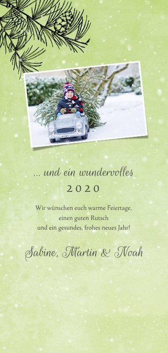 Weihnachtskarte Tannenzweig und Schnee Rückseite