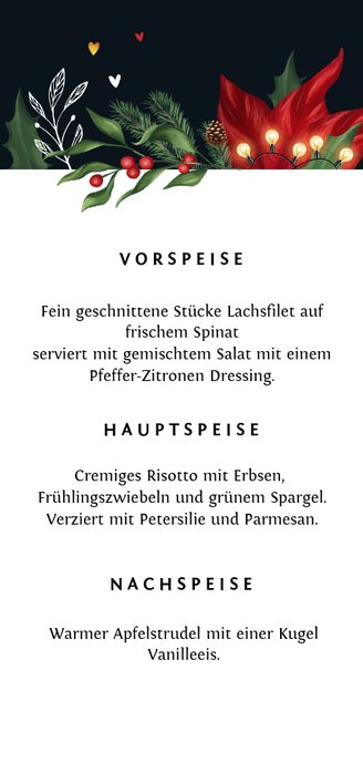 Weihnachtsmenü mit Zweigen, Lichtern und Herzen Rückseite