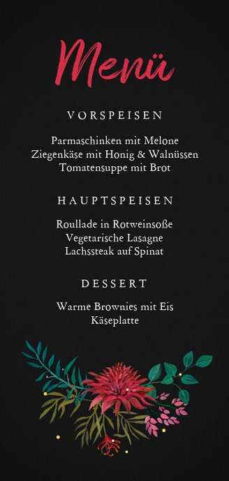 Weihnachtsmenü stilvolle Blumen botanisch Rückseite