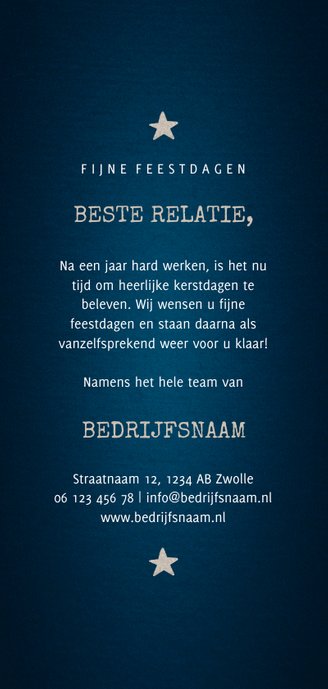 Zakelijke kerstkaart donker met logo en houten kerstboom Achterkant