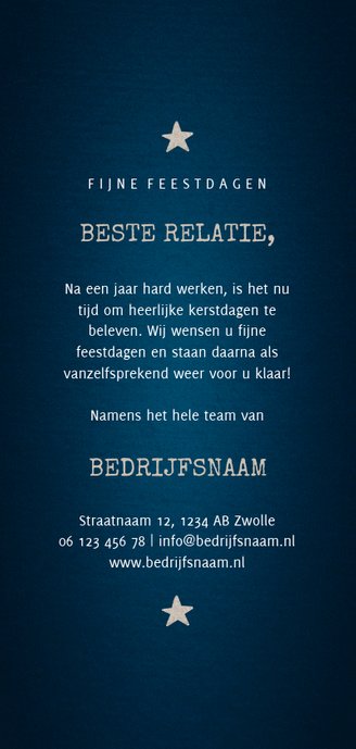 Zakelijke kerstkaart donker met logo en houten kerstboom Achterkant