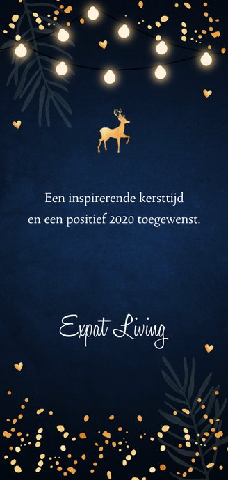 Zakelijke kerstkaart donkerblauw lampjes confetti goudlook Achterkant