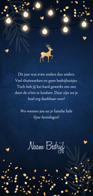 Zakelijke kerstkaart donkerblauw lampjes confetti goudlook Achterkant