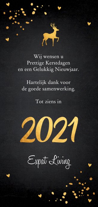 Zakelijke kerstkaart langwerpig zwart goudlook confetti Achterkant