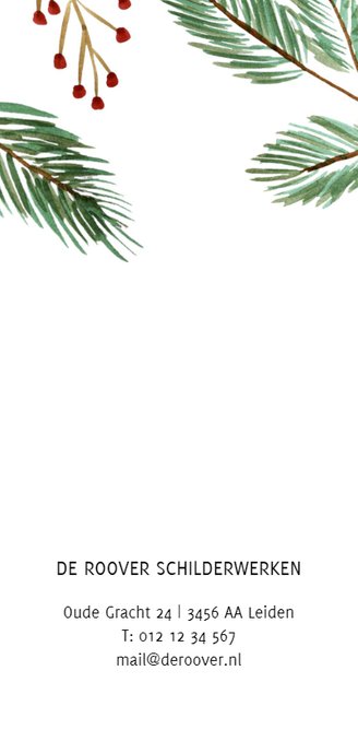 Zakelijke kerstkaart met kersttakken en rode besjes en logo Achterkant