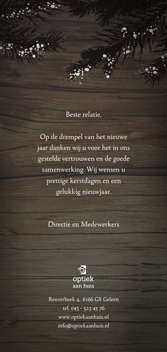 Zakelijke kerstkaart met logo en dennetakjes Achterkant