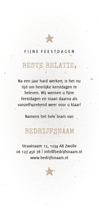 Zakelijke kerstkaart met logo, sterren en houten kerstboom Achterkant