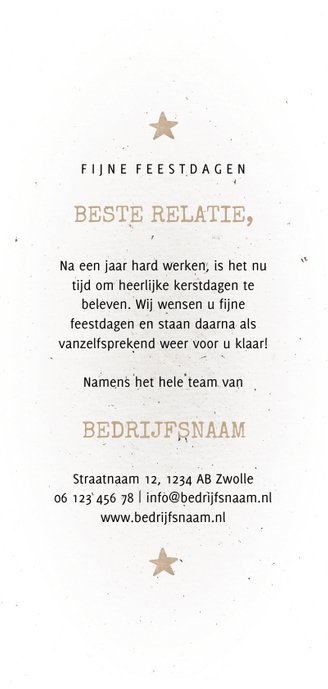 Zakelijke kerstkaart met logo, sterren en houten kerstboom Achterkant