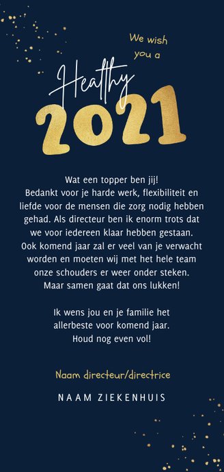 Zakelijke nieuwjaarskaart zorg vaccin corona 2021 goud 3