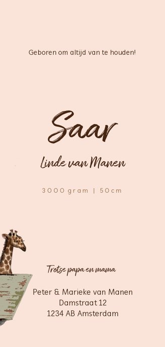 Zalmroze geboortekaartje met giraffen op een fiets Achterkant