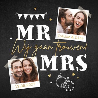 Trouwkaart stoer krijtbord hartjes ringen foto mr. mrs.