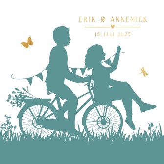Uitnodiging huwelijk met silhouet van koppel op een fiets