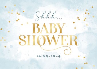 Babyshower jongen uitnodiging waterverf blauw confetti goud