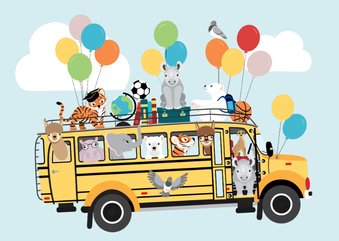 Back to School kinderkaart met schoolbus vol dierenvrienden