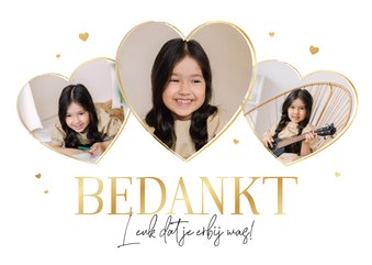 Bedankkaart communie hartjes foto goud stijlvol