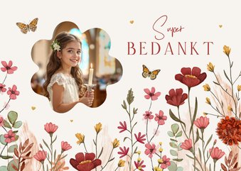 Bedankkaart communie lentefeest stijlvol wilde bloemen