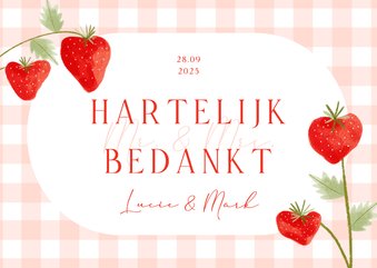 Bedankkaartje bruiloft aardbeien roze ruitjes