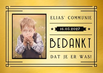 Bedankkaartje communie in een gouden ticket stijl