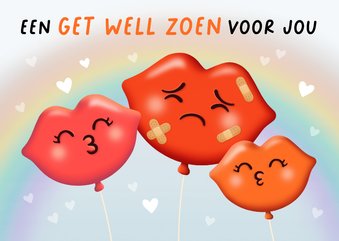 Beterschapskaart get well zoen kus ballonnen