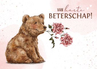 Beterschapskaart met vriendelijke beer en bloemetje