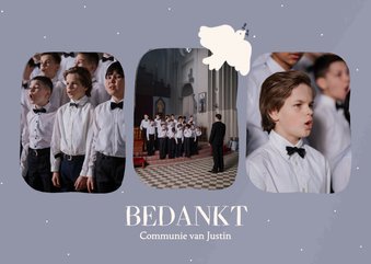 Blauw bedankkaartje voor communie met duifje klassiek