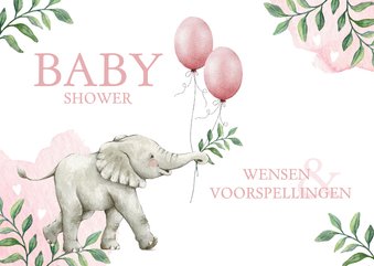 Botanisch babyshower invulkaartje met olifantje en ballonnen