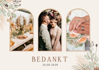 Botanisch bohemian bedankkaartje bruiloft met 3 foto's 