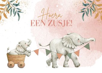 Botanisch felicitatiekaartje geboorte zusje met olifantjes