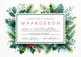 Botanische waardebon kerst cadeaukaart met takjes