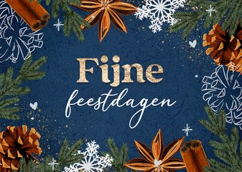 Chique kerstkaart donkerblauw met winterse illustraties